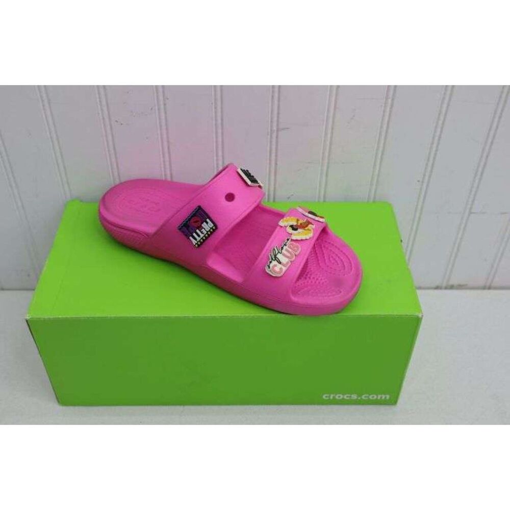 Crocs Pink Molded Slide Sandals with Decorative Jibbitz Charms! Size M5/W7